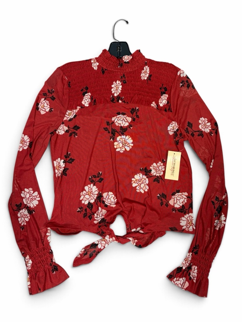 American Rag Red Floral Smocked Tie-Front Long Sleeve Top kinda see through
